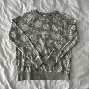 Grey And White Floral Print Long Sleeve Sweater
